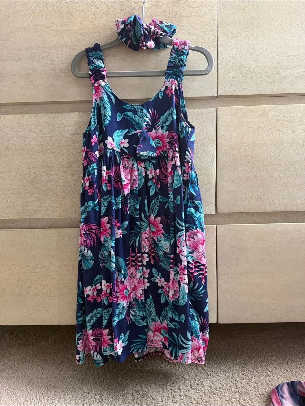 Navy Floral Tropical Sundress with Matching Scrunchie